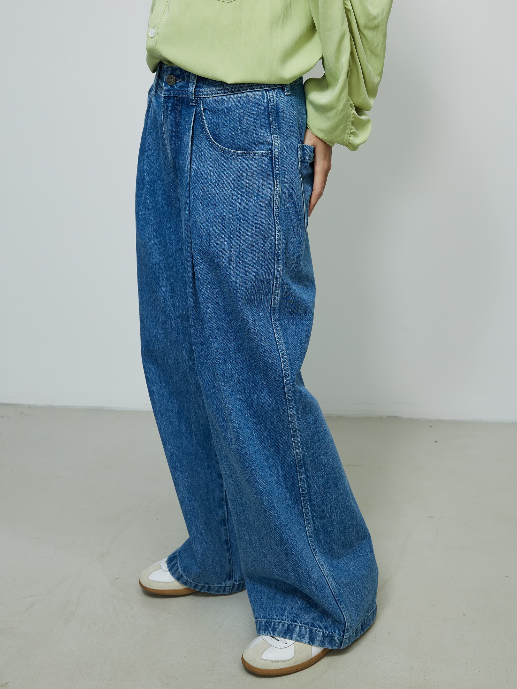ワイドパンツ メンズ シンプルプリーツ ワイドストレートデニム