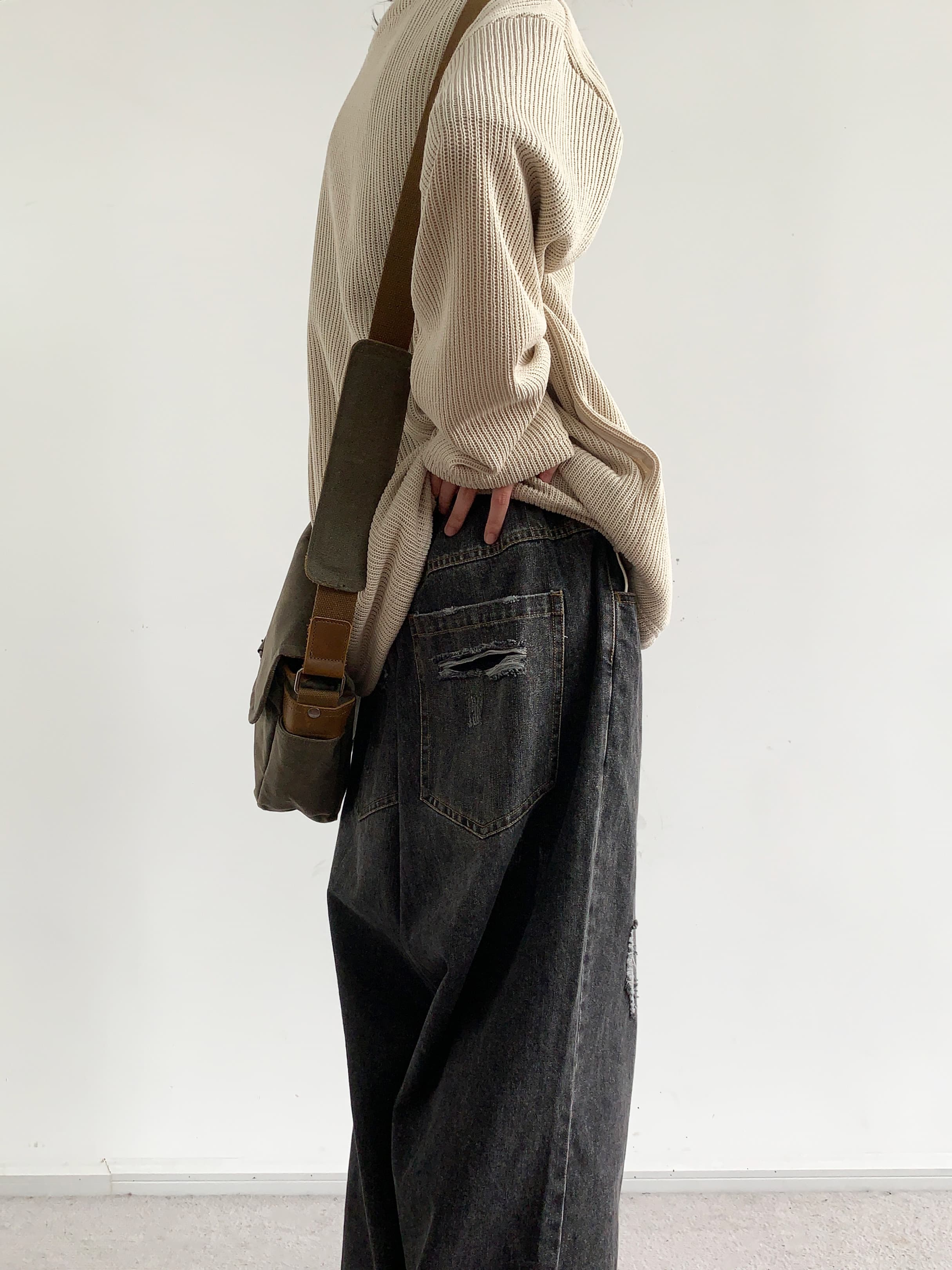 ワイドパンツ メンズ レトロ風ダメージ加工ワイドジーンズ