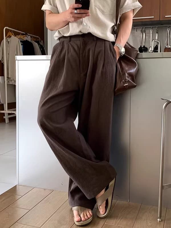 ワイドパンツ メンズ 麻混紡素材の高級感ワイドパンツ