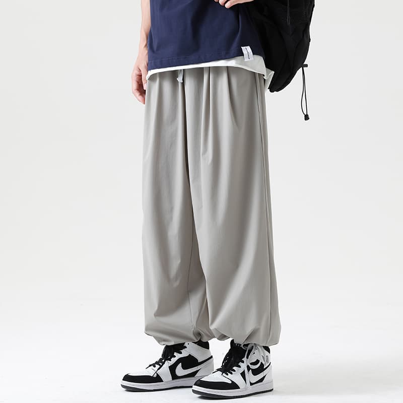ワイドパンツ メンズ 涼感素材ドローコード裾絞りワイドパンツ