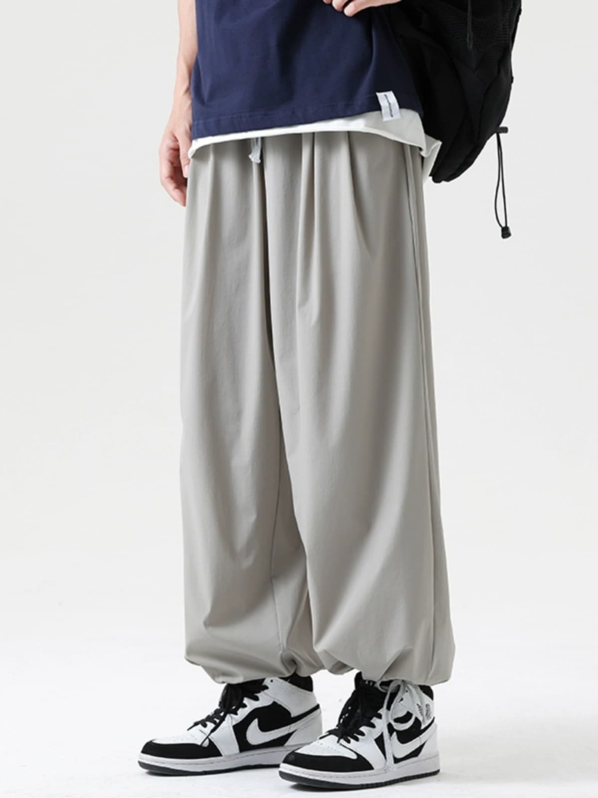 ワイドパンツ メンズ 涼感素材ドローコード裾絞りワイドパンツ