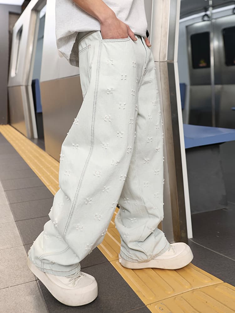 ワイドパンツ メンズ ダメージ加工ワイドストレートジーンズ