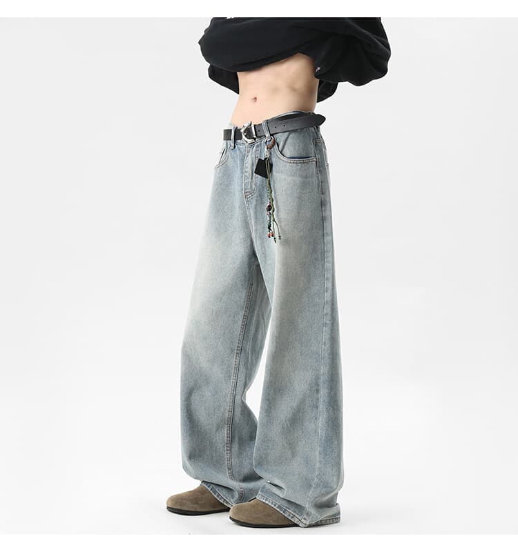 ワイドパンツ メンズ ヴィンテージ加工ワイドデニムパンツ