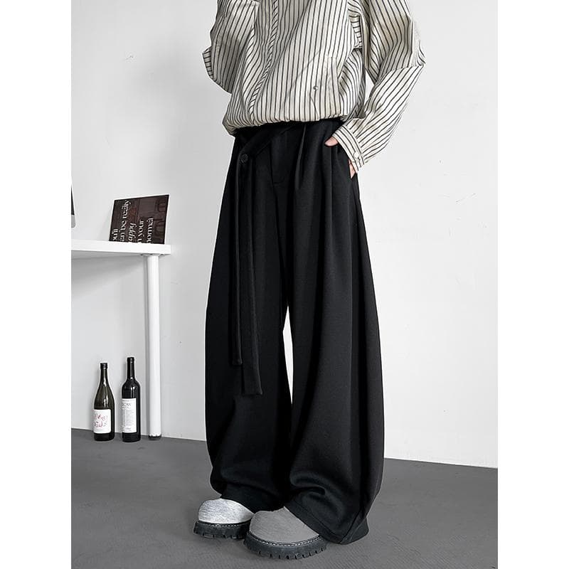 ワイドパンツ メンズ デザイン性高いベルト付きプリーツワイドパンツ