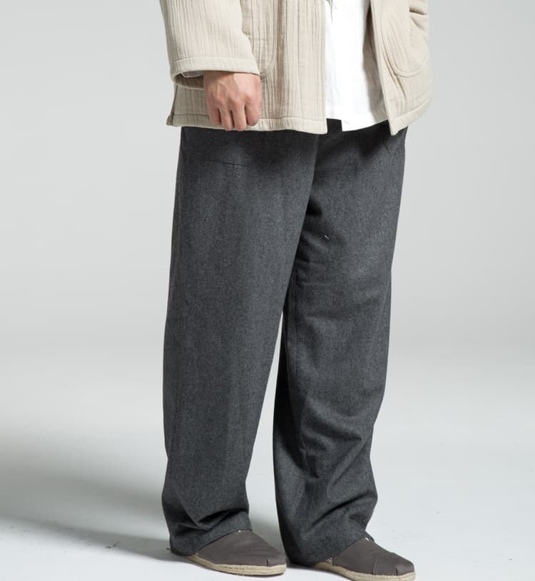 メンズワイドパンツ 上質ウール混紡ゆったりストレートスラックス