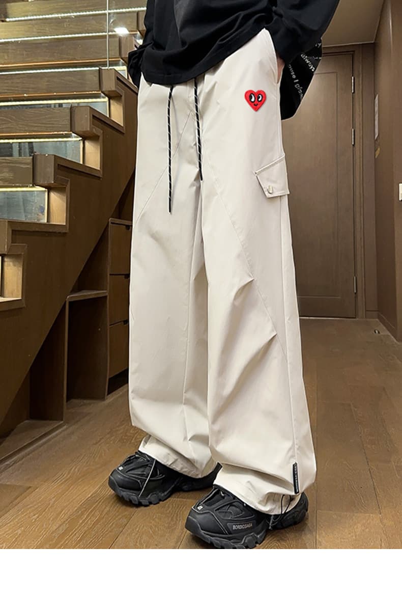 ワイドパンツ メンズ ワイドパンツ メンズ ハート刺繍ドローコードカーゴパンツ