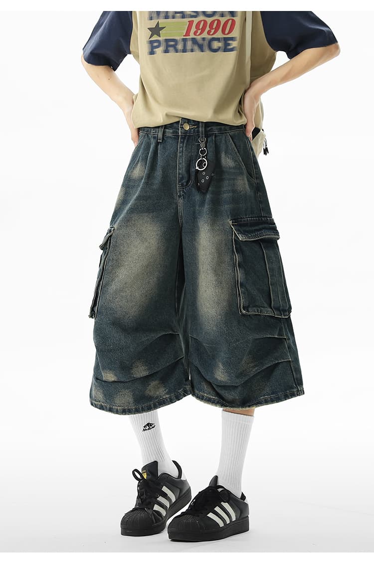 ワイドパンツ メンズ ヴィンテージ加工 七分丈カーゴジーンズ