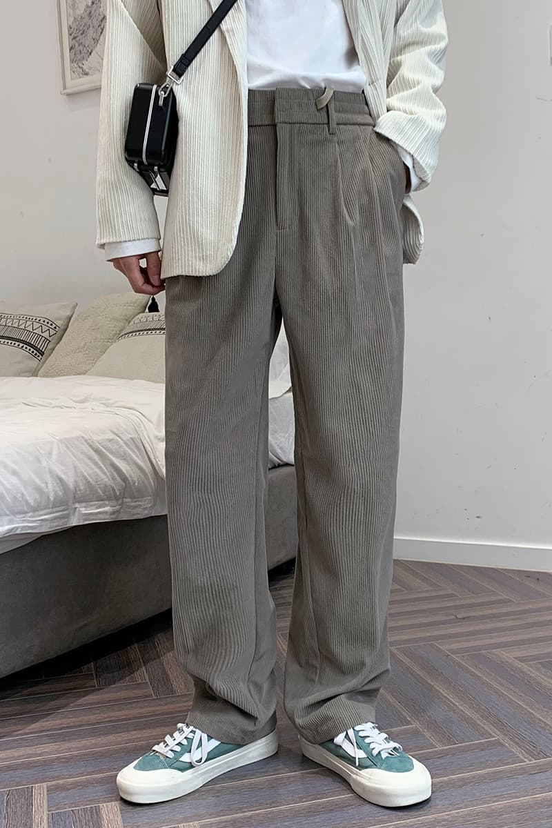メンズワイドパンツ 細畝コーデュロイベルト付きゆったりワイドチノパンツ