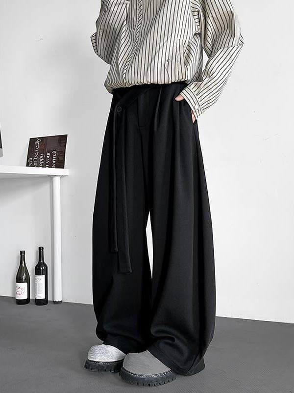 ワイドパンツ メンズ デザイン性高いベルト付きプリーツワイドパンツ