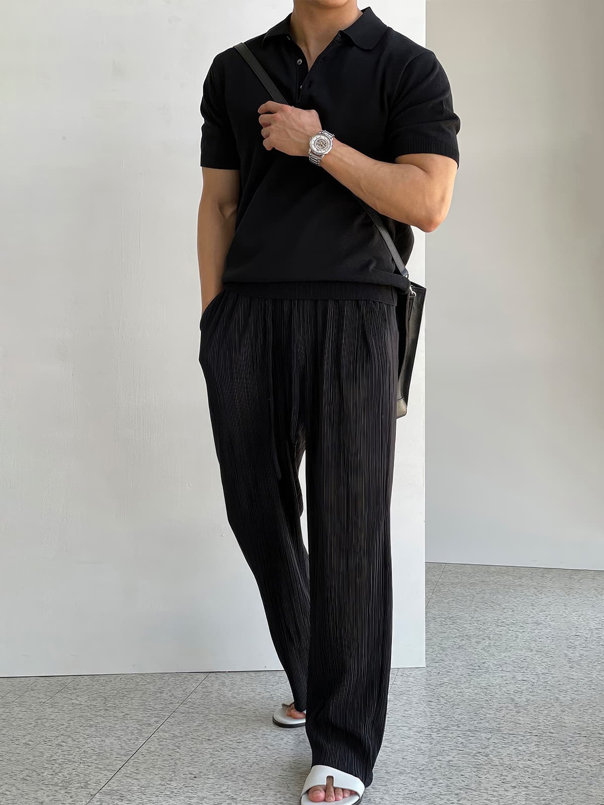 ワイドパンツ メンズ プリーツ加工ドロストワイドパンツ