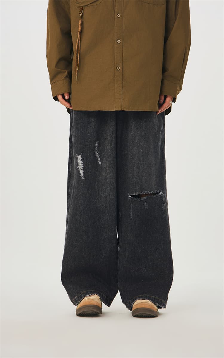 ワイドパンツ メンズ レトロ風ダメージ加工ワイドジーンズ