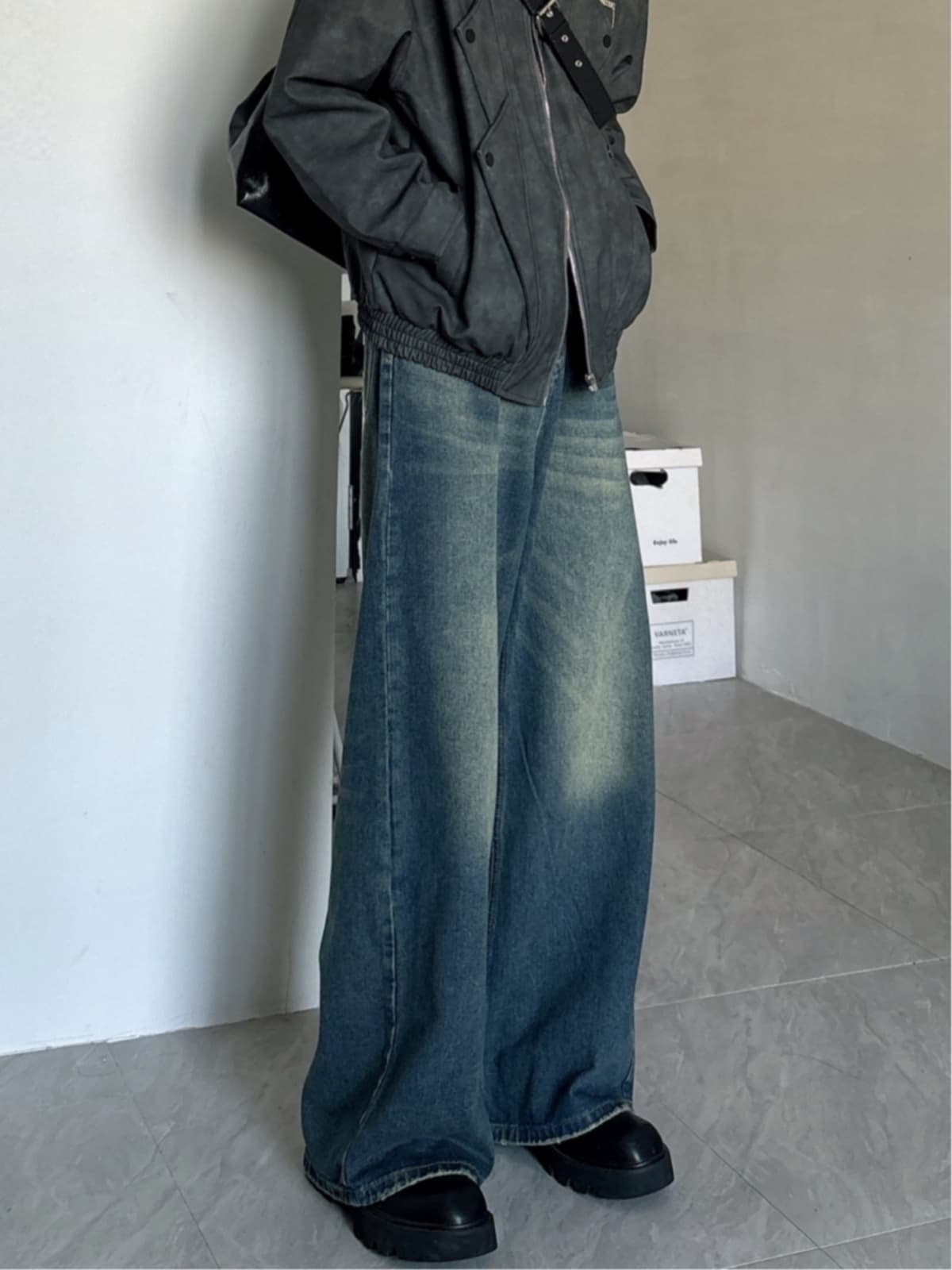 ワイドパンツ メンズ ヴィンテージ加工ワイドデニムパンツ