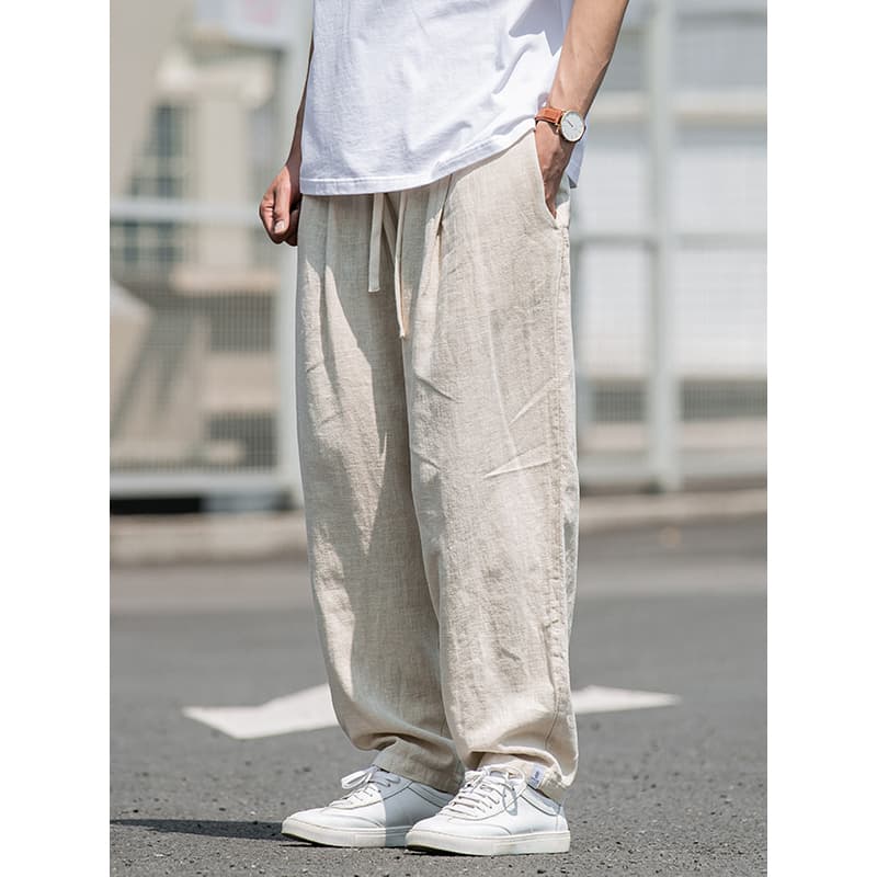 ワイドパンツ メンズ リネンコットン混紡ワイドパンツ ドローコード付き