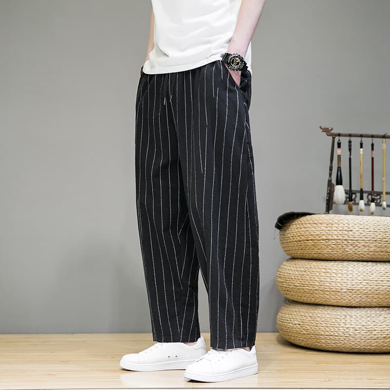 ワイドパンツ メンズ 縦ストライプワイドパンツ薄手透気性ゆったり直筒九分丈