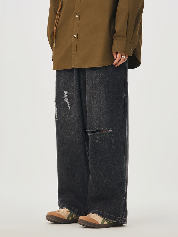 ワイドパンツ メンズ レトロ加工ダメージ ワイドデニムパンツ