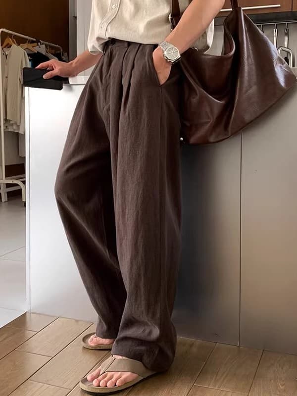 ワイドパンツ メンズ 麻混紡素材の高級感ワイドパンツ