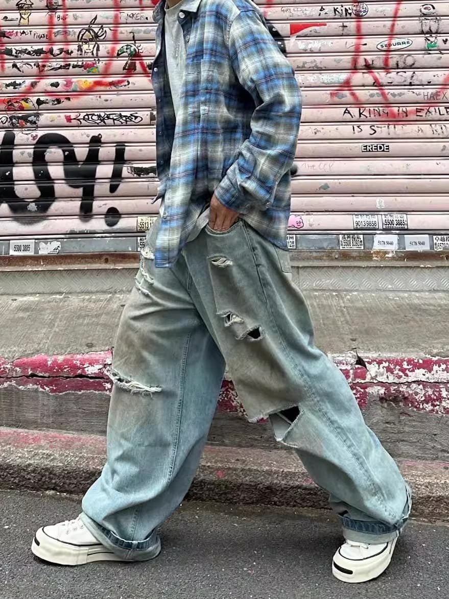 ワイドパンツ メンズ ヴィンテージ加工ダメージワイドデニム