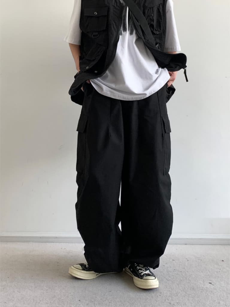ワイドパンツ メンズ レトロワイドカーゴパンツ 裾絞りデザイン