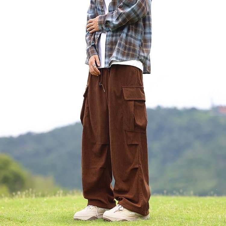ワイドパンツ メンズ 灯芯絨ワイドカーゴパンツ メンズ大口袋デザイン束脚