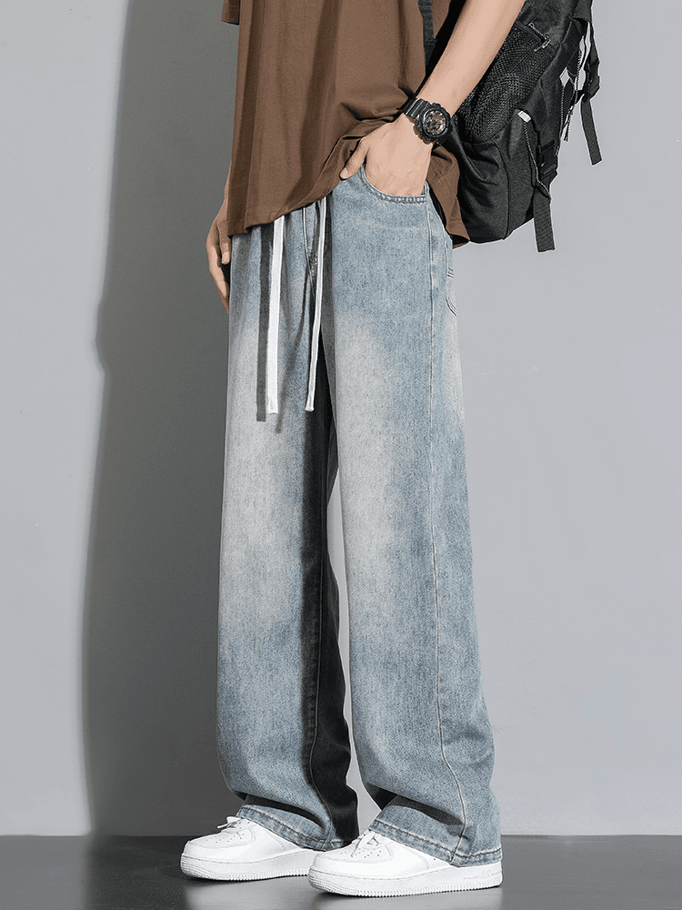 ワイドパンツ メンズ ワイドパンツ メンズ ドローコード付き洗い加工ワイドデニム