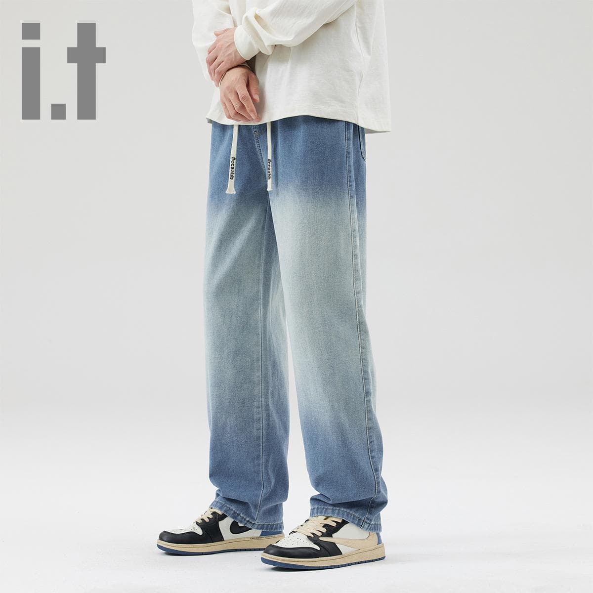 ワイドパンツ メンズ ワイドパンツ メンズ グラデーションドローコード ワイドデニム