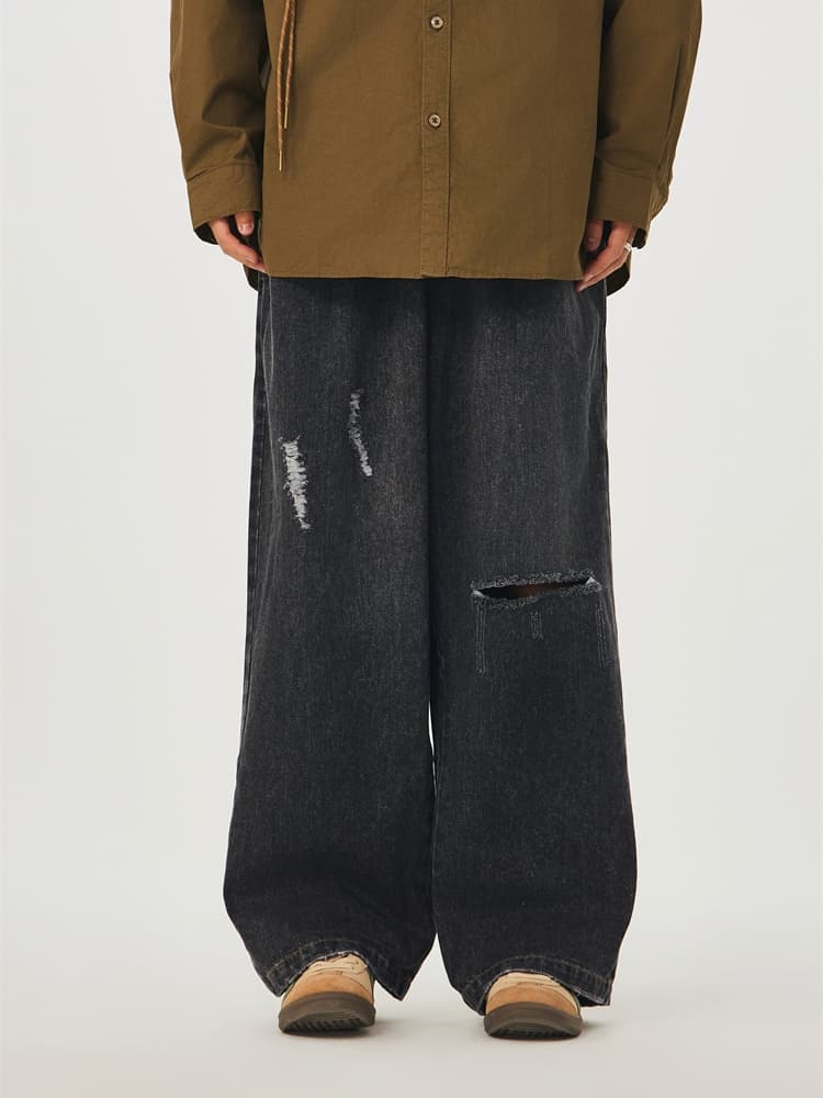 ワイドパンツ メンズ レトロ風ダメージ加工ワイドジーンズ