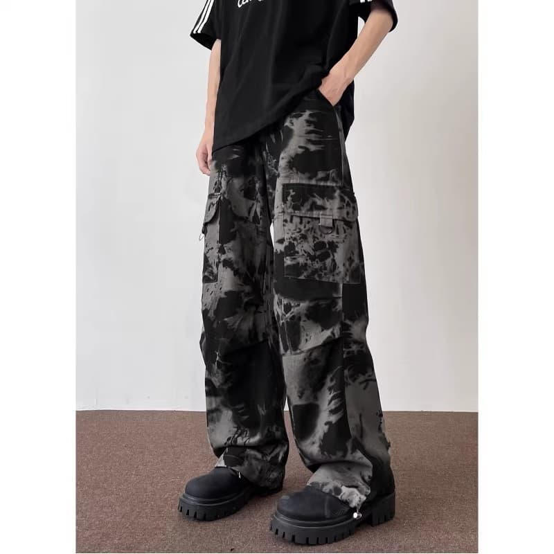 ワイドパンツ メンズ タイダイ柄ミリタリーカーゴワイドパンツ