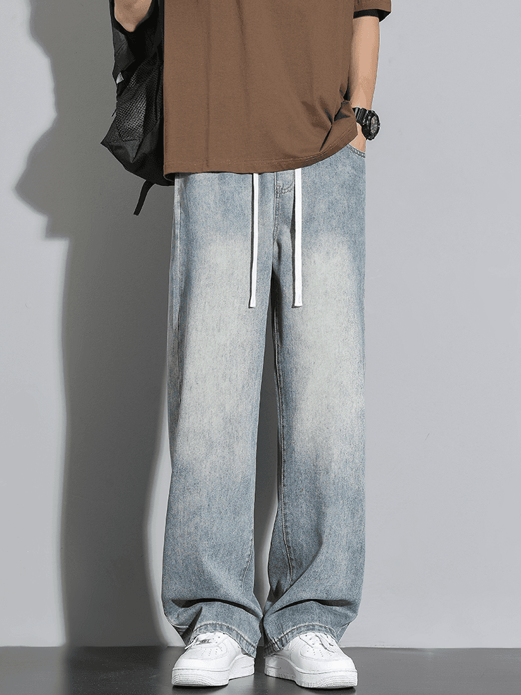 ワイドパンツ メンズ ワイドパンツ メンズ ドローコード付き洗い加工ワイドデニム