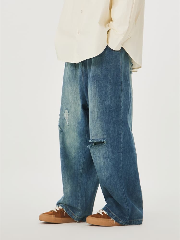 ワイドパンツ メンズ レトロ風ダメージ加工ワイドジーンズ