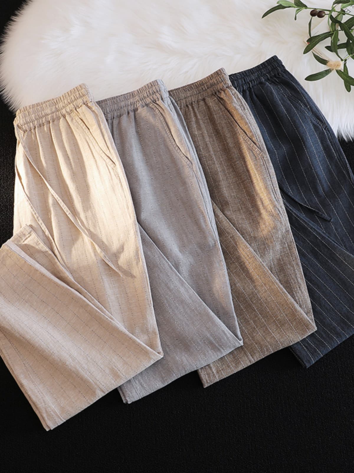 ワイドパンツ メンズ リネン混ストライプ柄ワイドパンツ