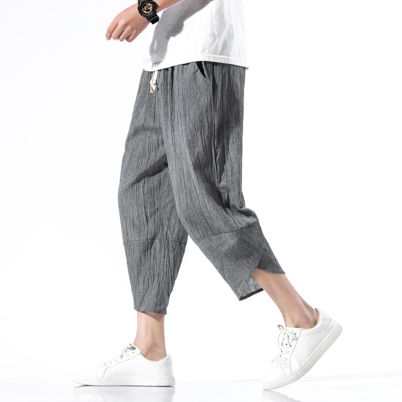 ワイドパンツ メンズ 麻混リラックスクロップドワイドパンツ