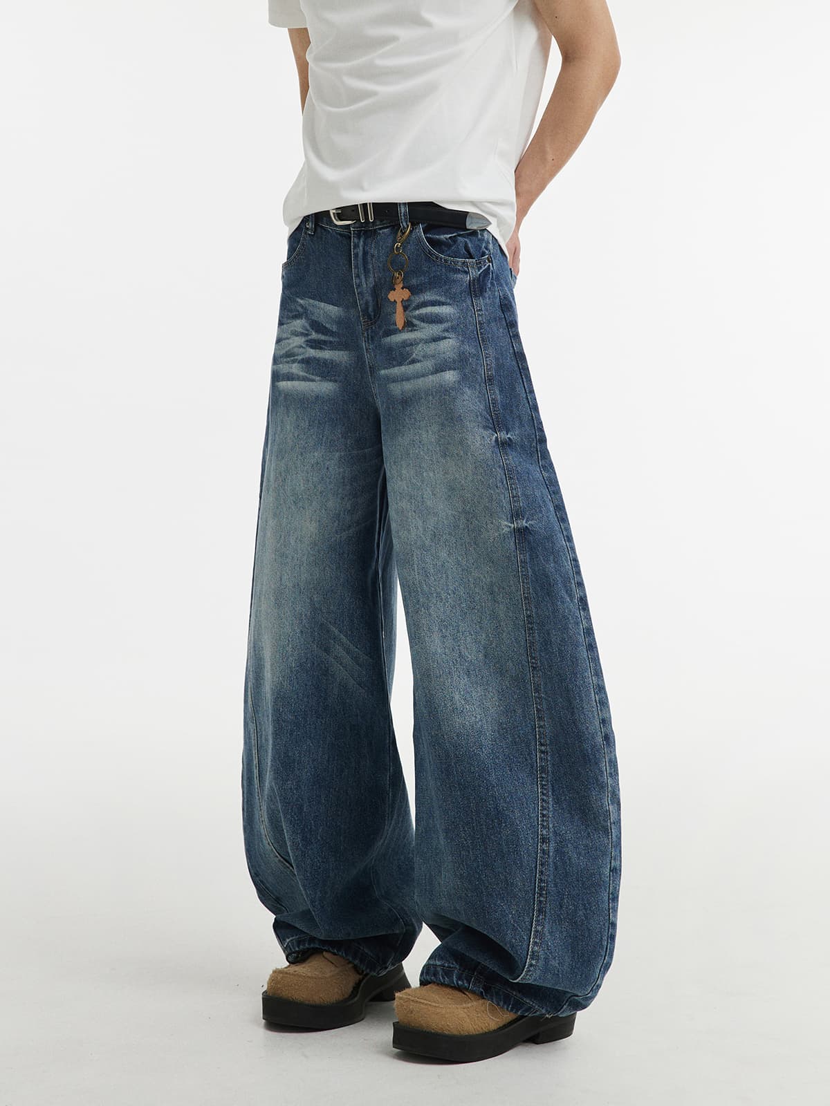 ワイドパンツ メンズ ウォッシュ加工極太ワイドデニムパンツ