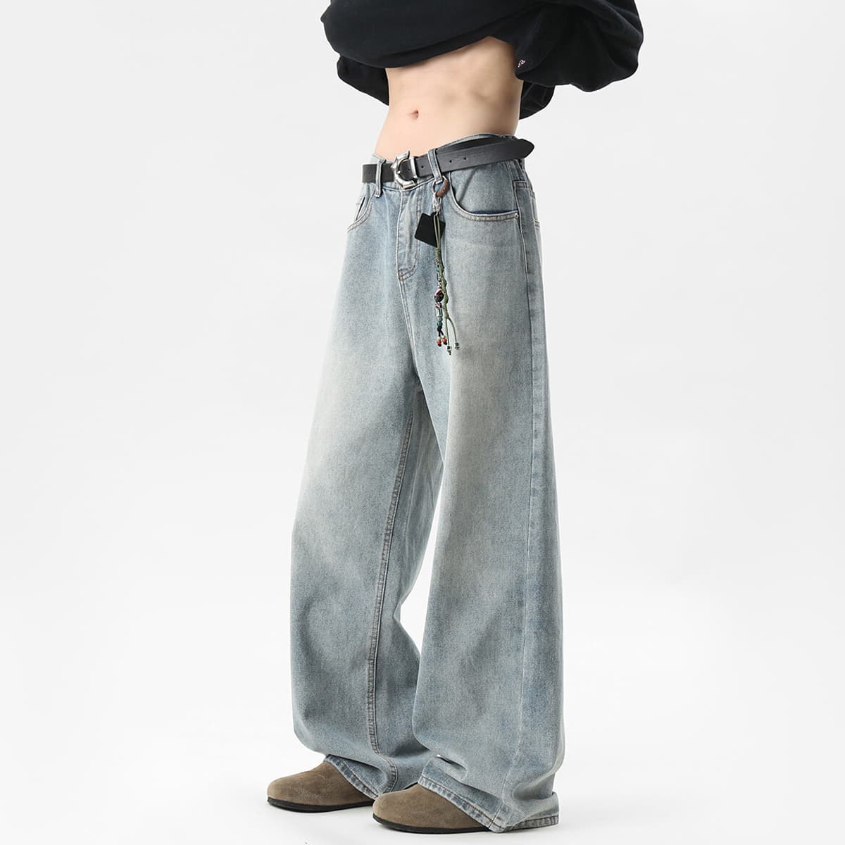 ワイドパンツ メンズ ヴィンテージ加工ワイドデニムパンツ