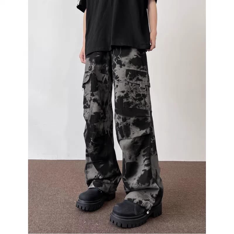 ワイドパンツ メンズ タイダイ柄ミリタリーカーゴワイドパンツ