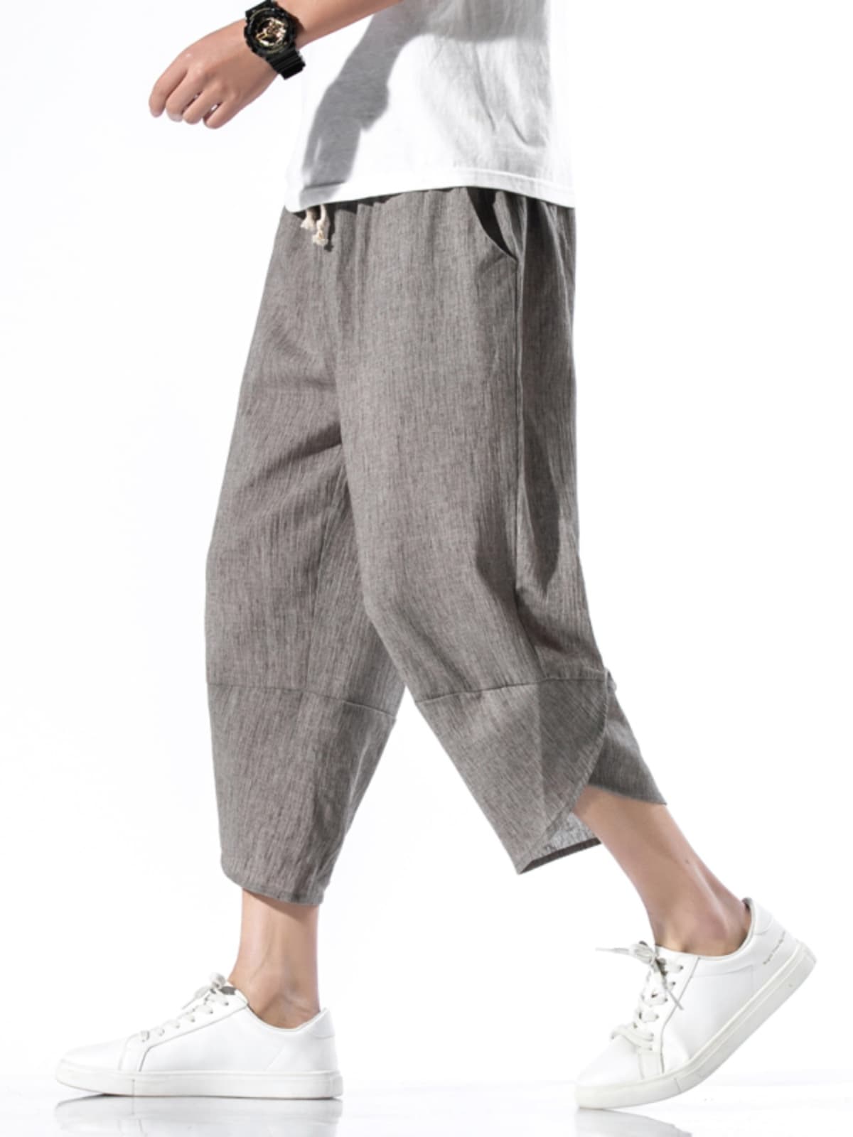 ワイドパンツ メンズ 麻混リラックスクロップドワイドパンツ