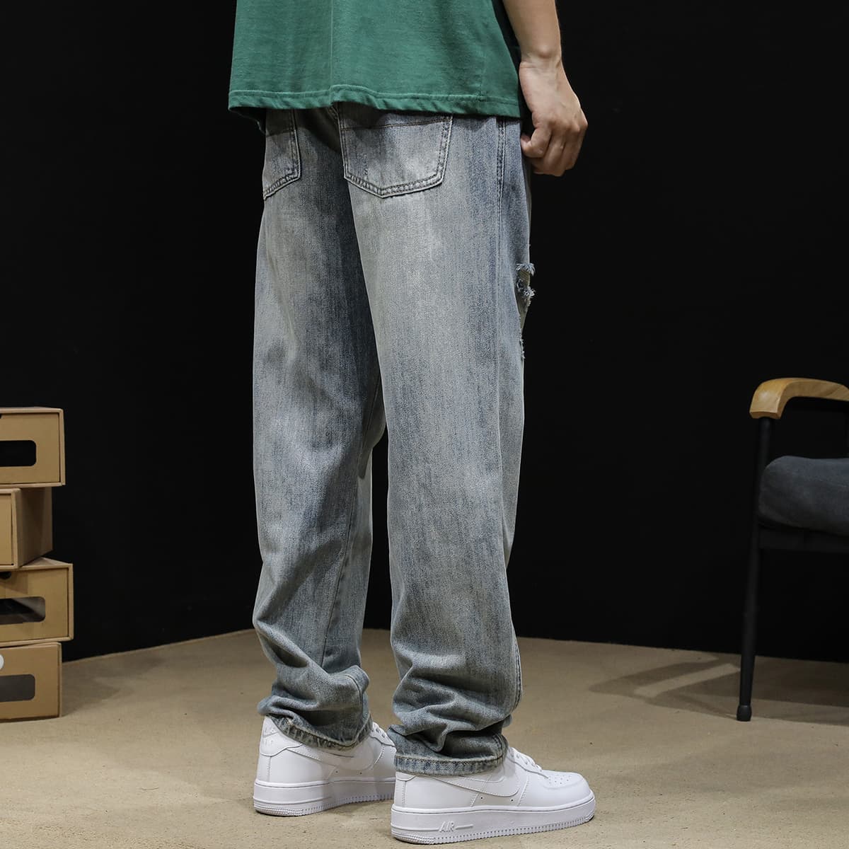 ワイドパンツ メンズ メンズダメージ加工ワイドジーンズ