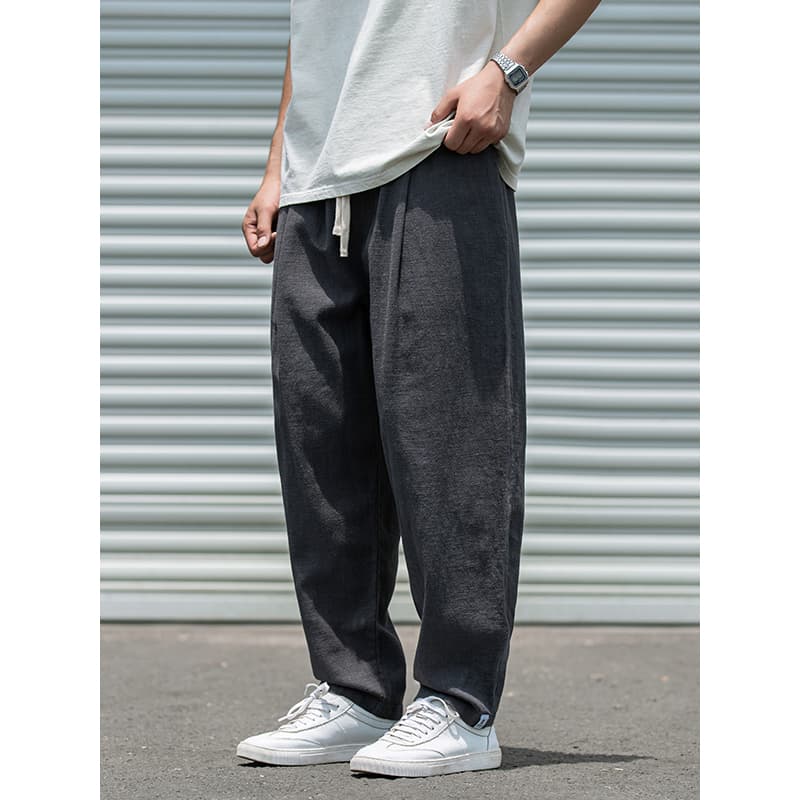 ワイドパンツ メンズ リネンコットン混紡ワイドパンツ ドローコード付き