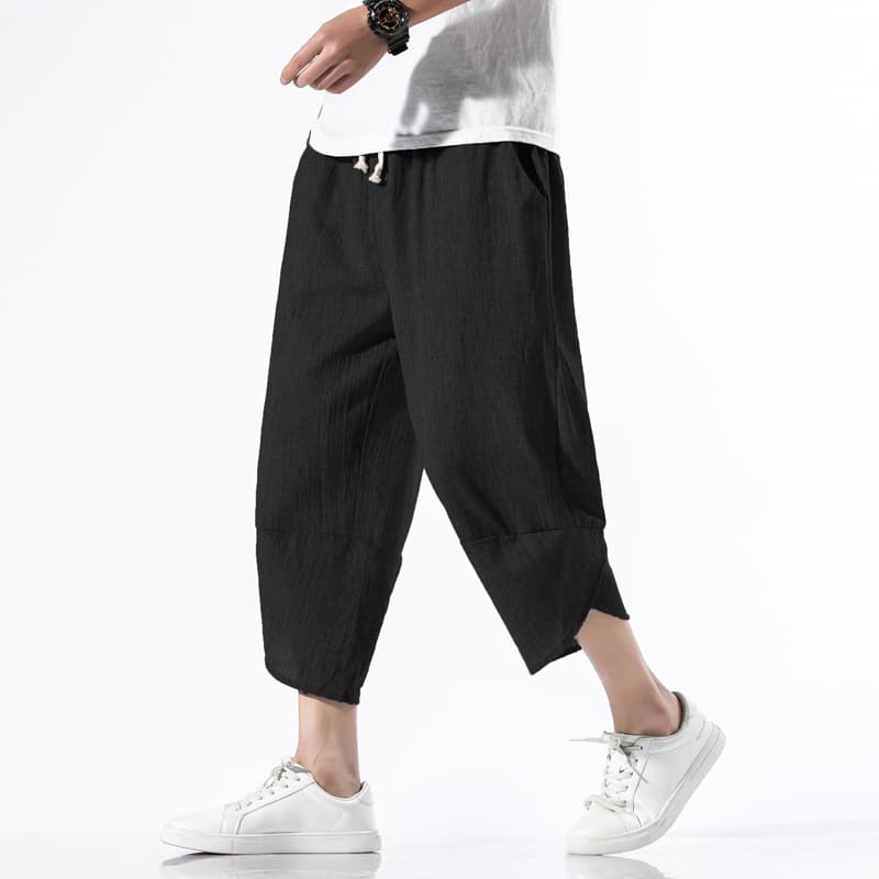 ワイドパンツ メンズ 麻混リラックスクロップドワイドパンツ