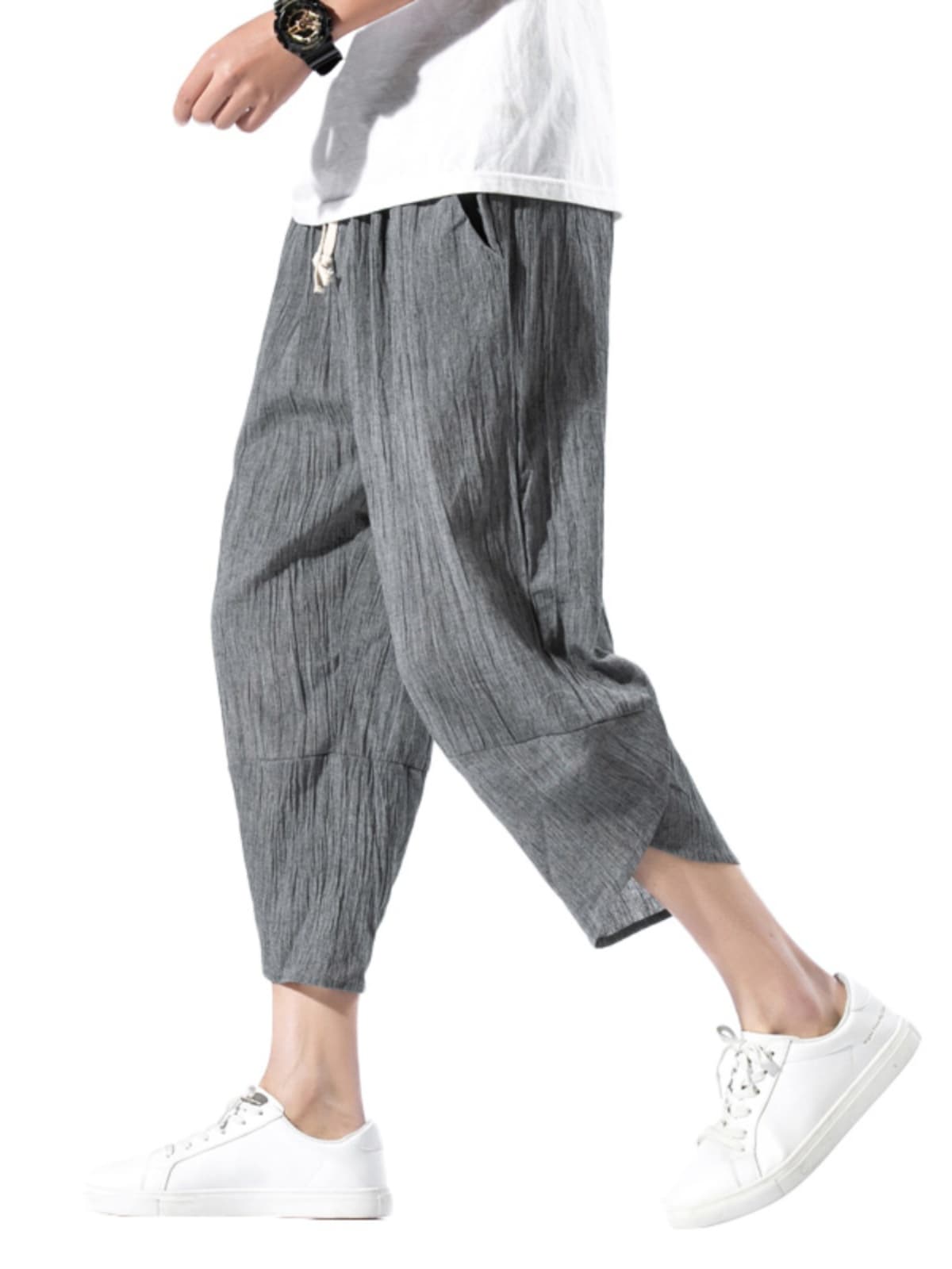 ワイドパンツ メンズ 麻混リラックスクロップドワイドパンツ
