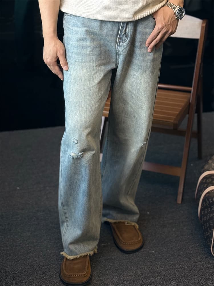 ワイドパンツ メンズ レトロ風ダメージ加工ワイドジーンズ