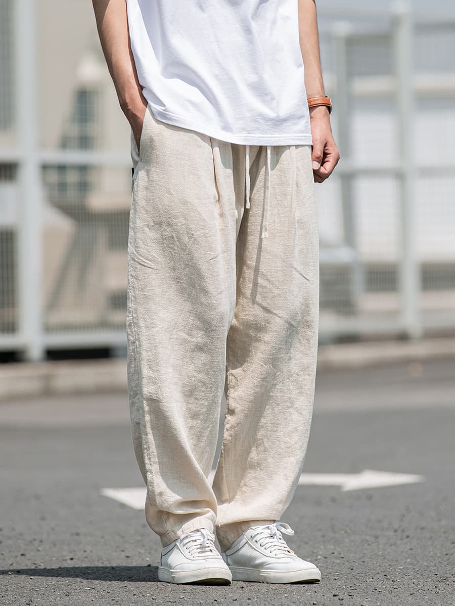 ワイドパンツ メンズ リネンコットン混紡ワイドパンツ ドローコード付き