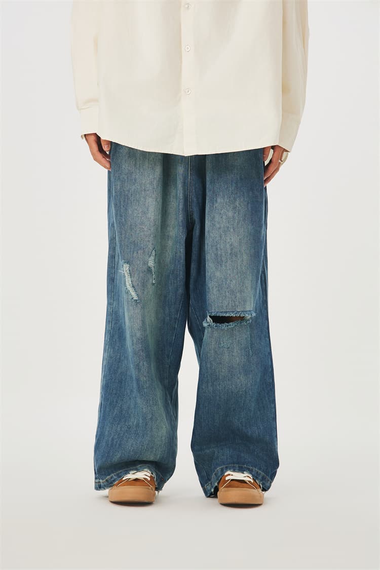 ワイドパンツ メンズ レトロ加工ダメージ ワイドデニムパンツ