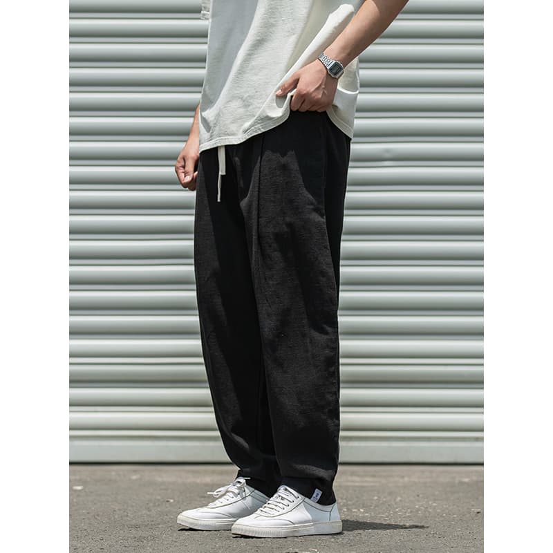 ワイドパンツ メンズ リネンコットン混紡ワイドパンツ ドローコード付き