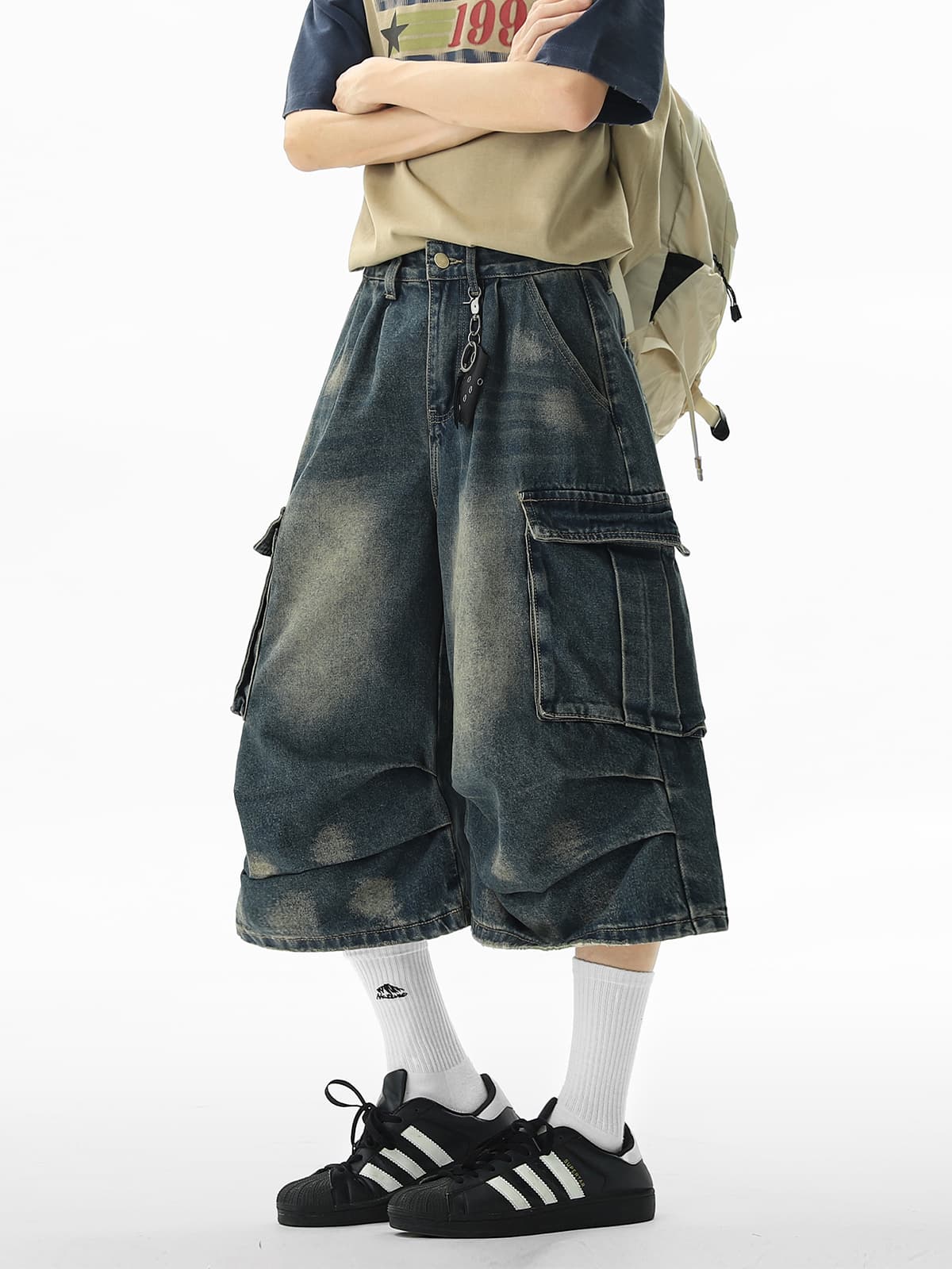 ワイドパンツ メンズ ヴィンテージ加工 七分丈カーゴジーンズ