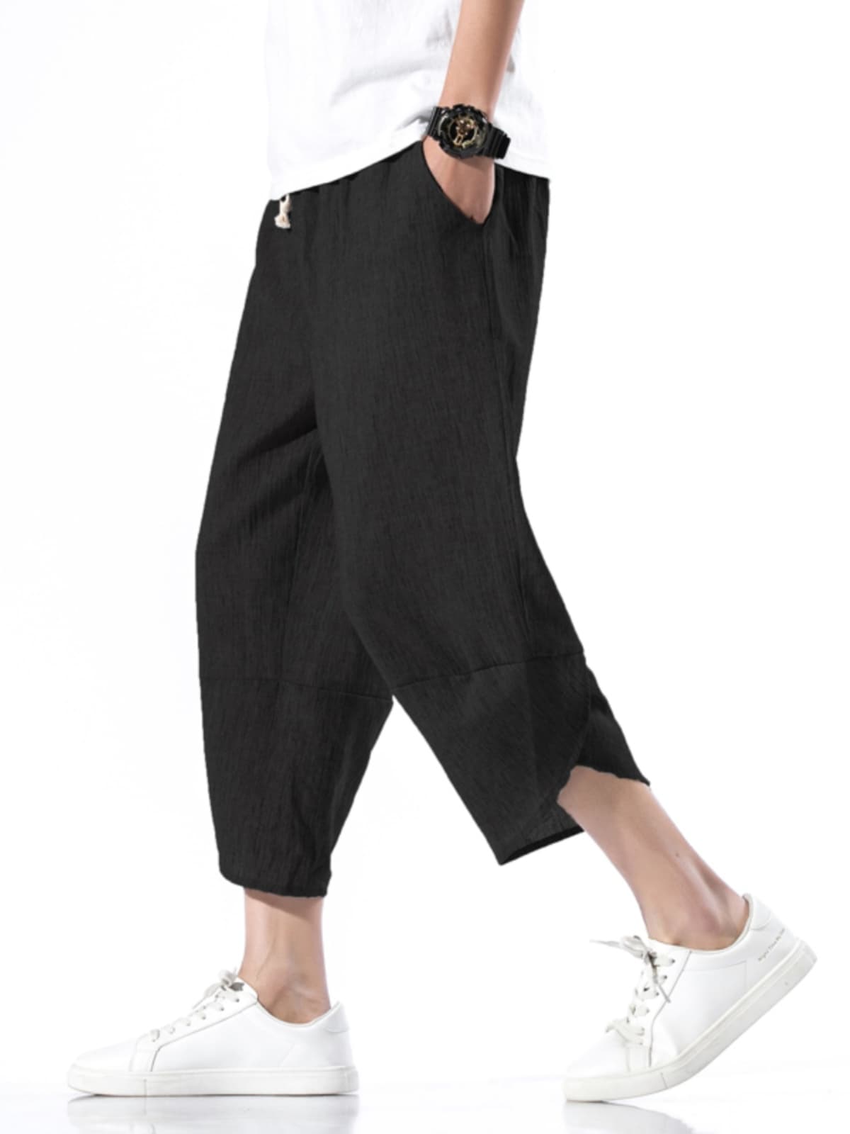 ワイドパンツ メンズ 麻混リラックスクロップドワイドパンツ
