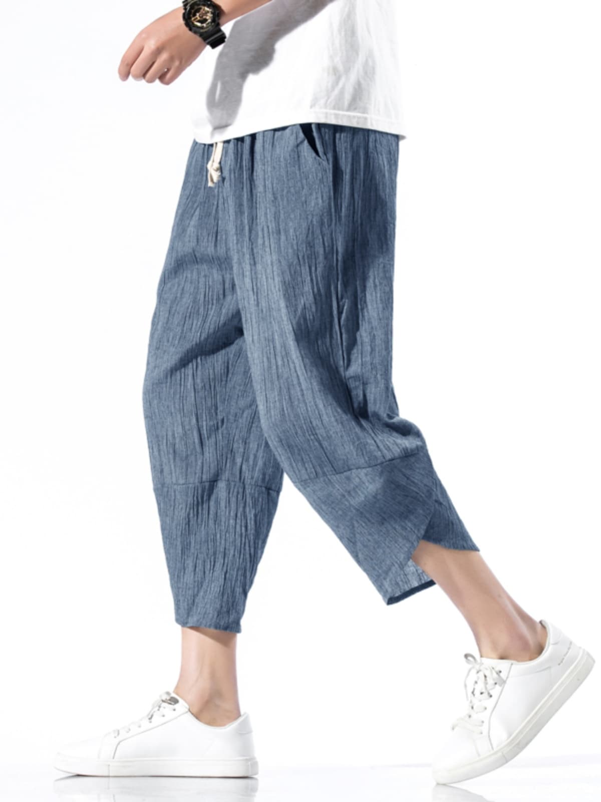 ワイドパンツ メンズ 麻混リラックスクロップドワイドパンツ
