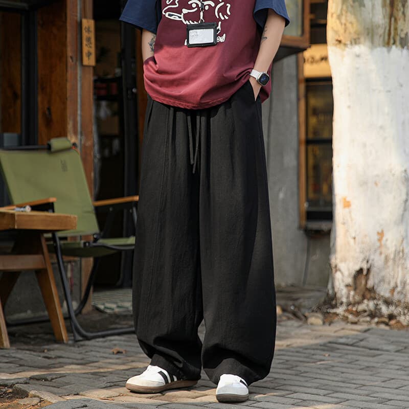 ワイドパンツ メンズ 綿麻素材リラックスワイドパンツ