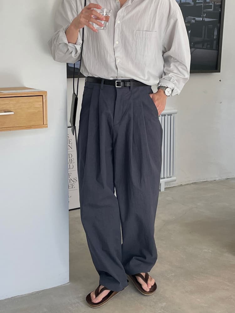 麻混ダブルタック ワイドパンツ メンズ