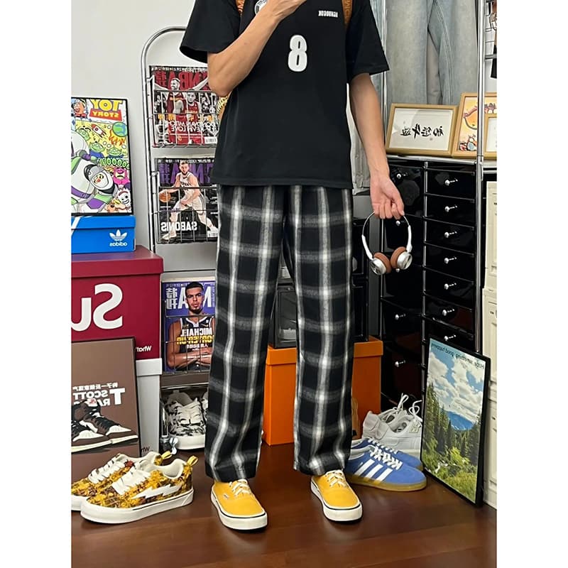 ワイドパンツ メンズ チェック柄ワイドパンツ ストレート