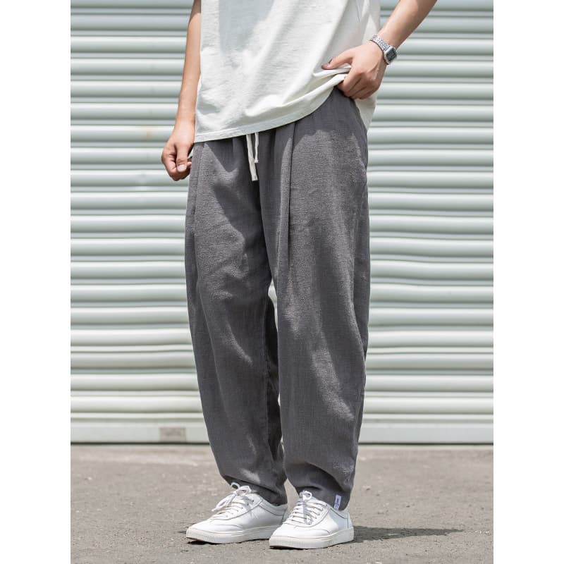 ワイドパンツ メンズ リネンコットン混紡ワイドパンツ ドローコード付き